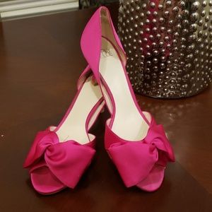 Hot Pink Satin Bow Low Heel Open Toe 9.5
